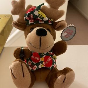 New 1998 Coca-Cola 8" Reindeer in Checker Vest Bean Doll w/ Bottle